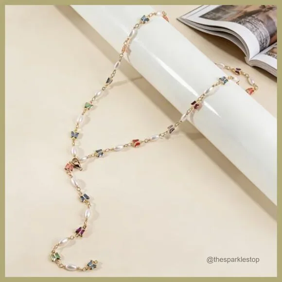 14K Gold Y-Shaped Necklace, Dainty Long Layered Chain Drop - Picture 3 of 7